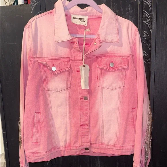 Savanna Jane Pink Jean Jacket with Rhinestone Fringe - Picture 6 of 9